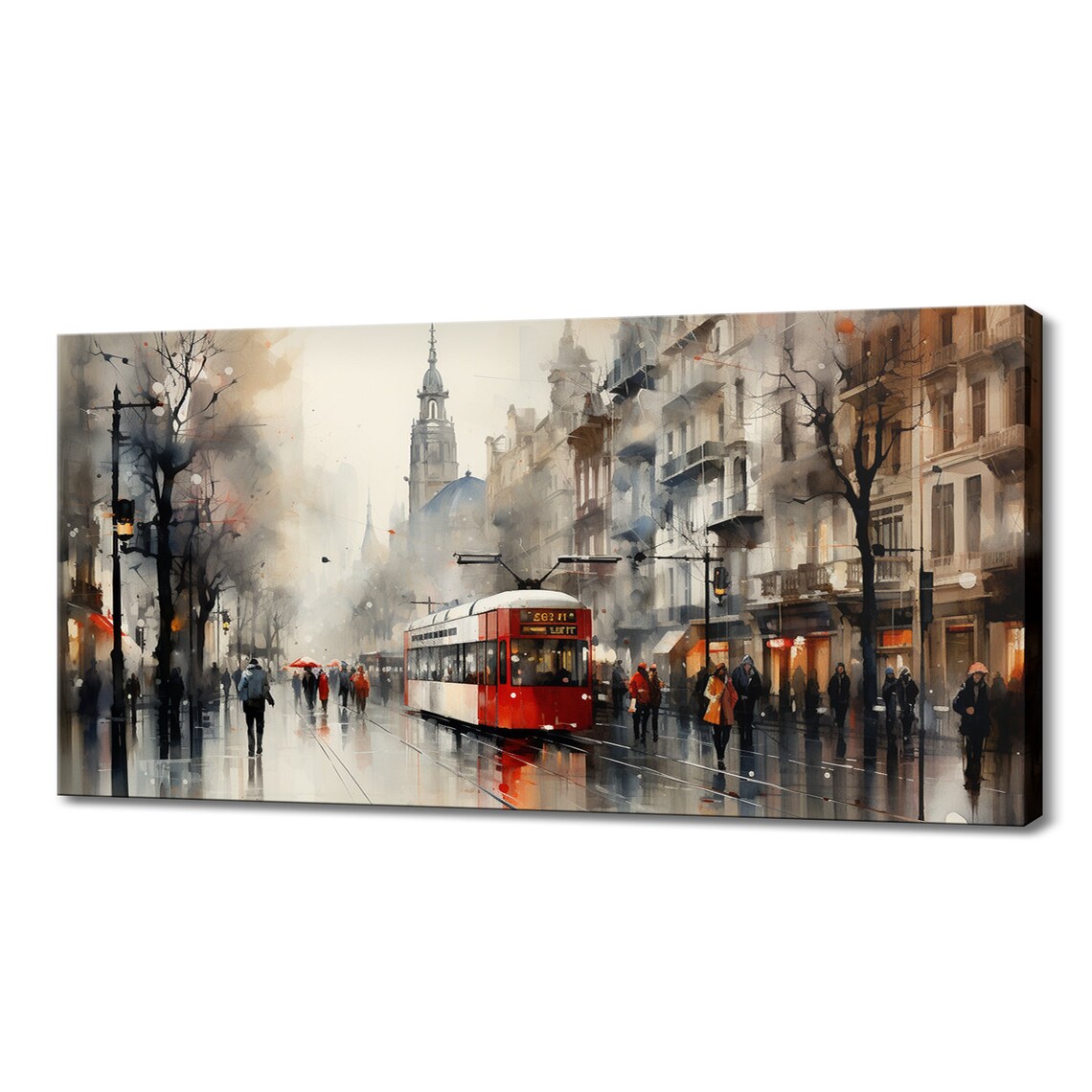 Barcelona Spain Red Tram Rainy Old Town Street Watercolor Poster