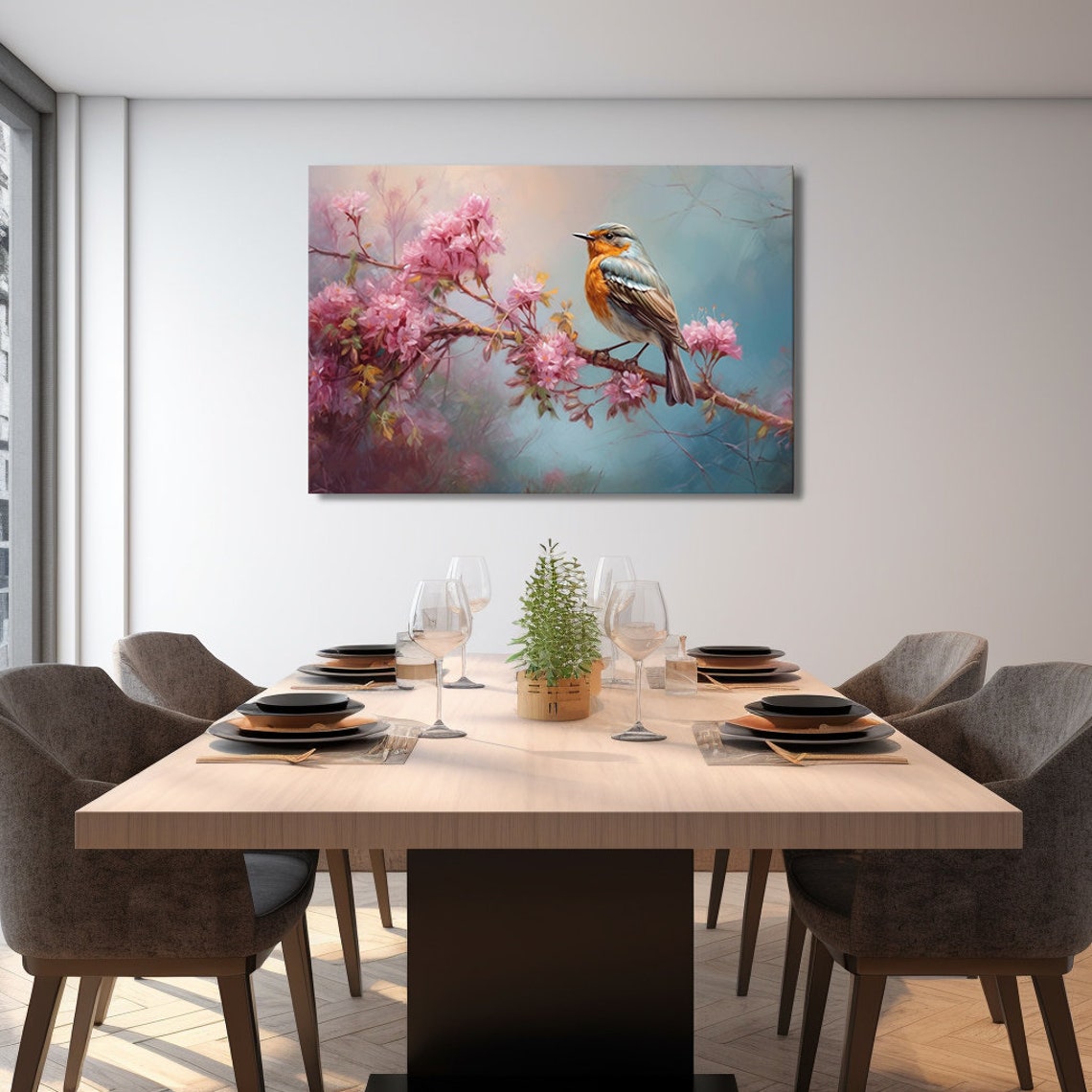 Sweet Robin Bird On Pink Blossom Branch Serene Spring Wall Poster - Image 3