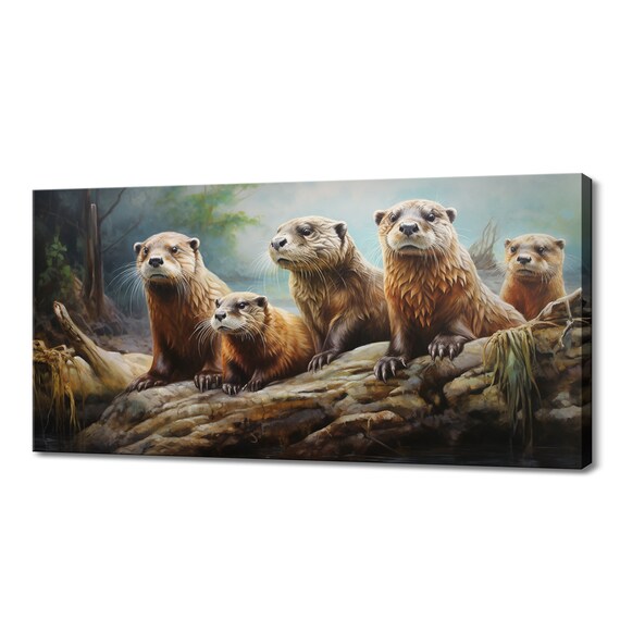 Playful Otter Family On River Rocks Forest Wildlife Art Poster