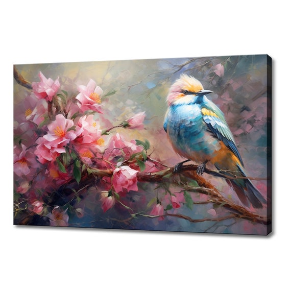 Beautiful Cute Colourful Bird Sitting On Blossoming Tree Print Bird Home Decor Serene Spring Scene Art Nature Inspired Wall Art