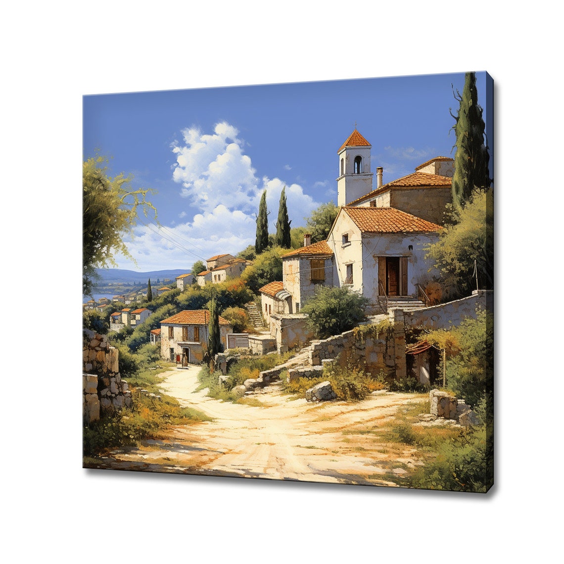 Greek Village Church Bell Tower Whitewash Cottages Sea View Poster