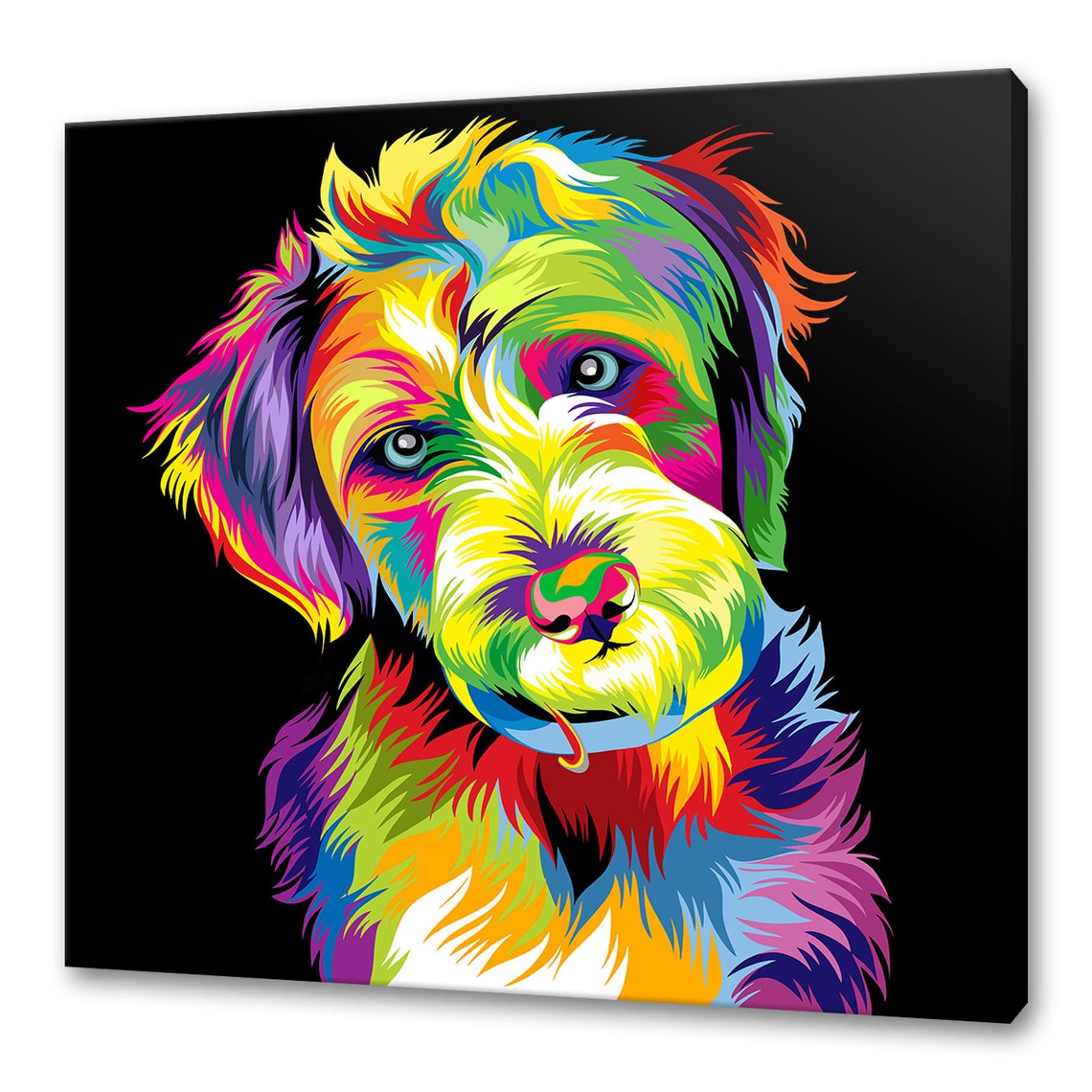 Shaggy Dog Neon Rainbow Pop Art Portrait on Black Background Poster