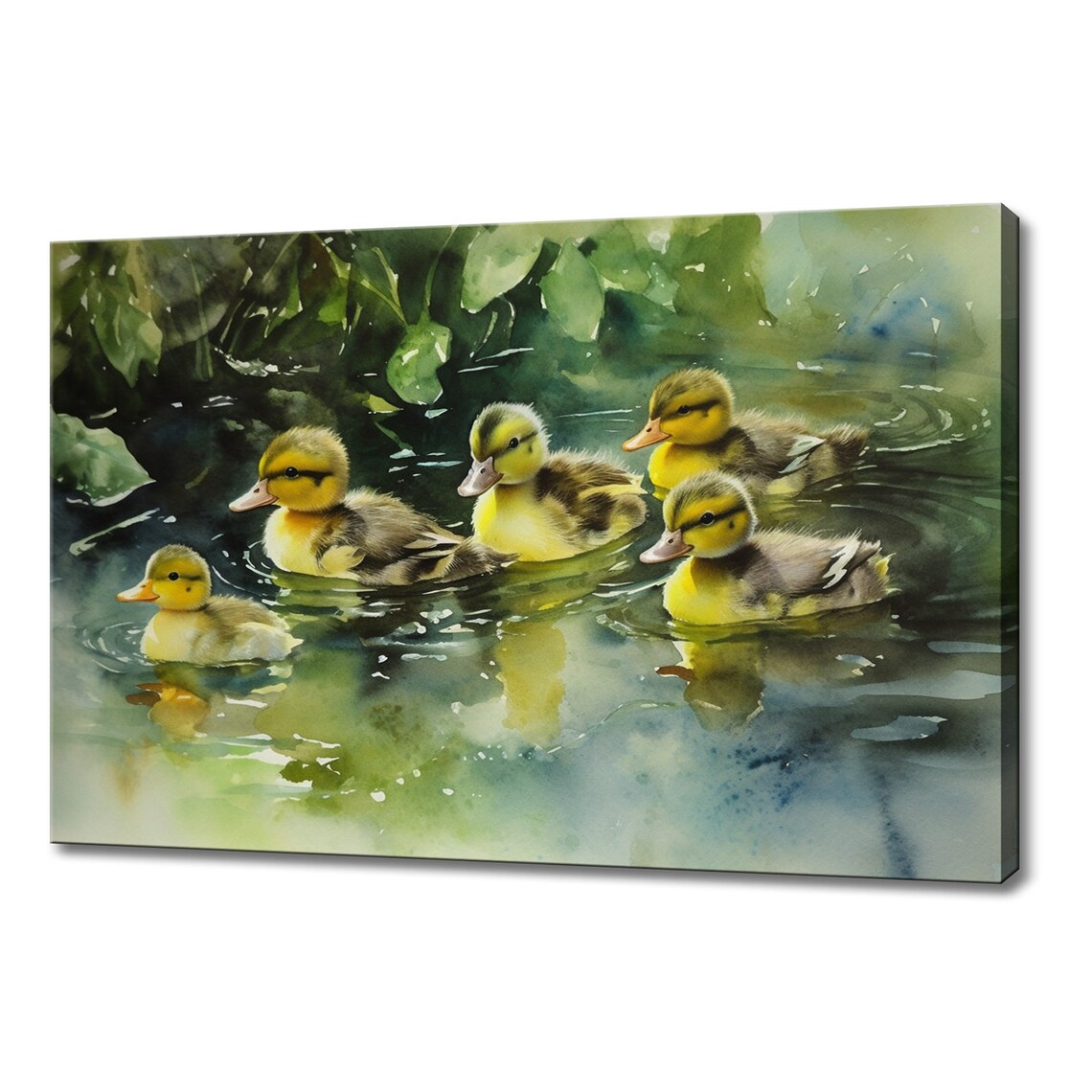 Five Ducklings Swimming Pond Watercolour Cute Bird Wall Art Poster