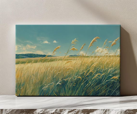 Tall Green Grass Fields Landscape Vintage Painting Print Countryside Moody Print Living Room Wall Art Farmhouse Decor Art