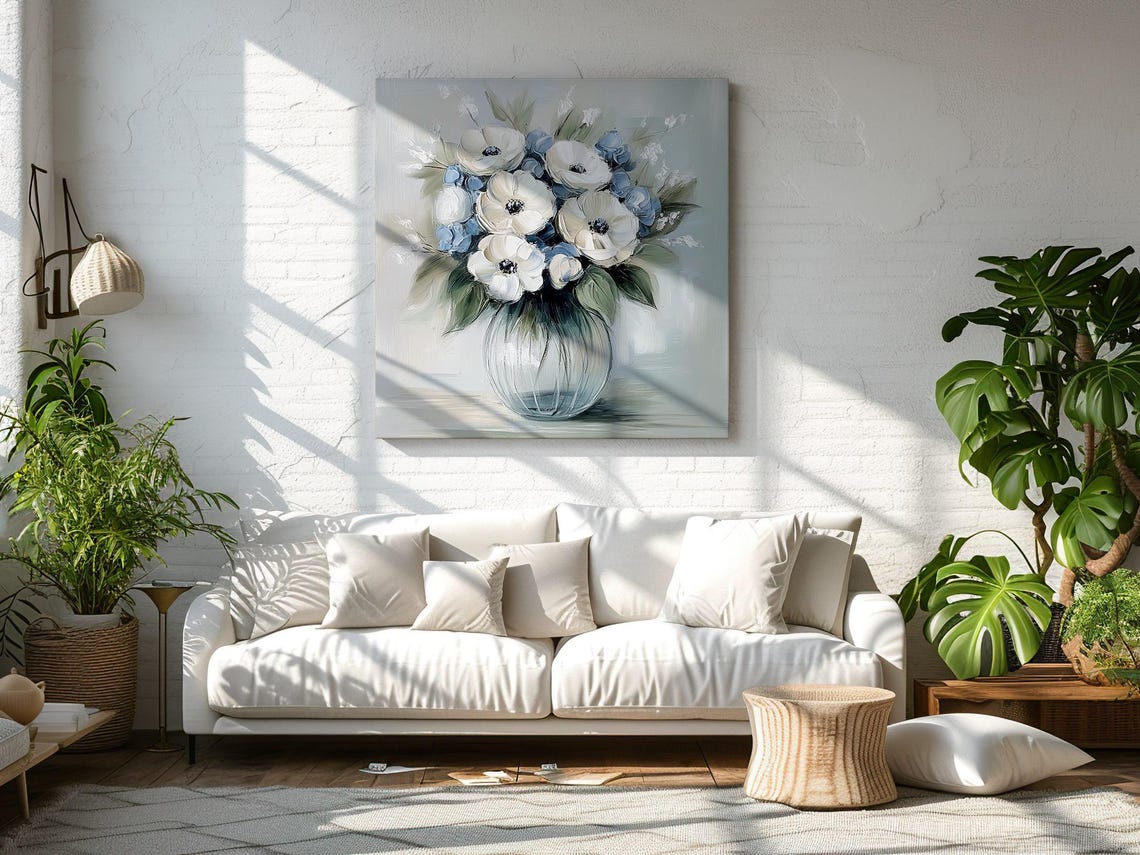 Beautiful Bouquet Of White Anemone Flowers Vintage Oil Painting Print Wall Hanging Living Room Decor Modern Design Floral Art Print - Image 2