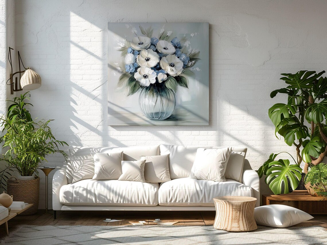 White Anemone Bouquet In Glass Vase Elegant Floral Oil Painting Print - Image 2