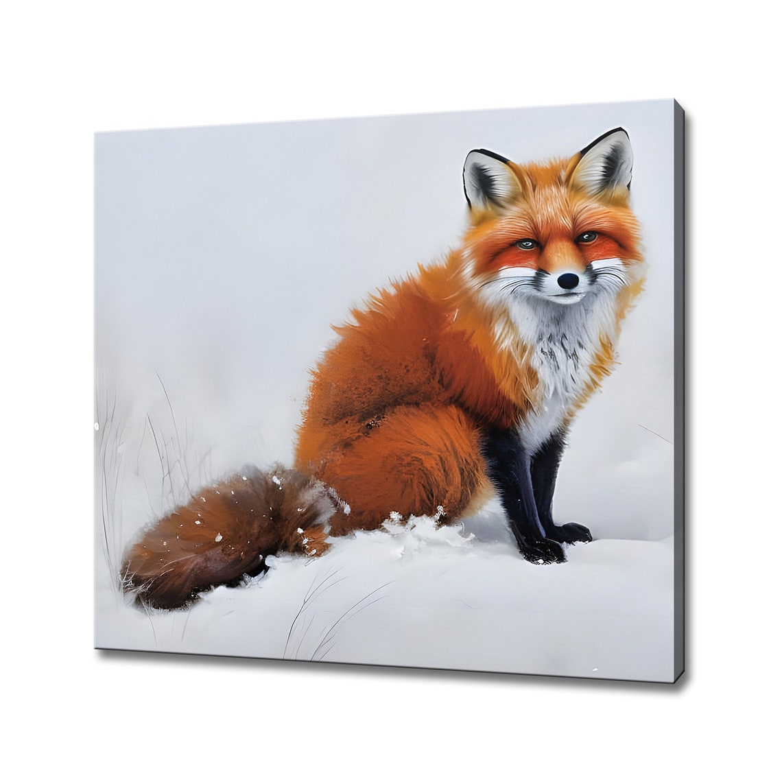 Red Fox Sitting in Snow Winter Wildlife Realistic Painting Poster