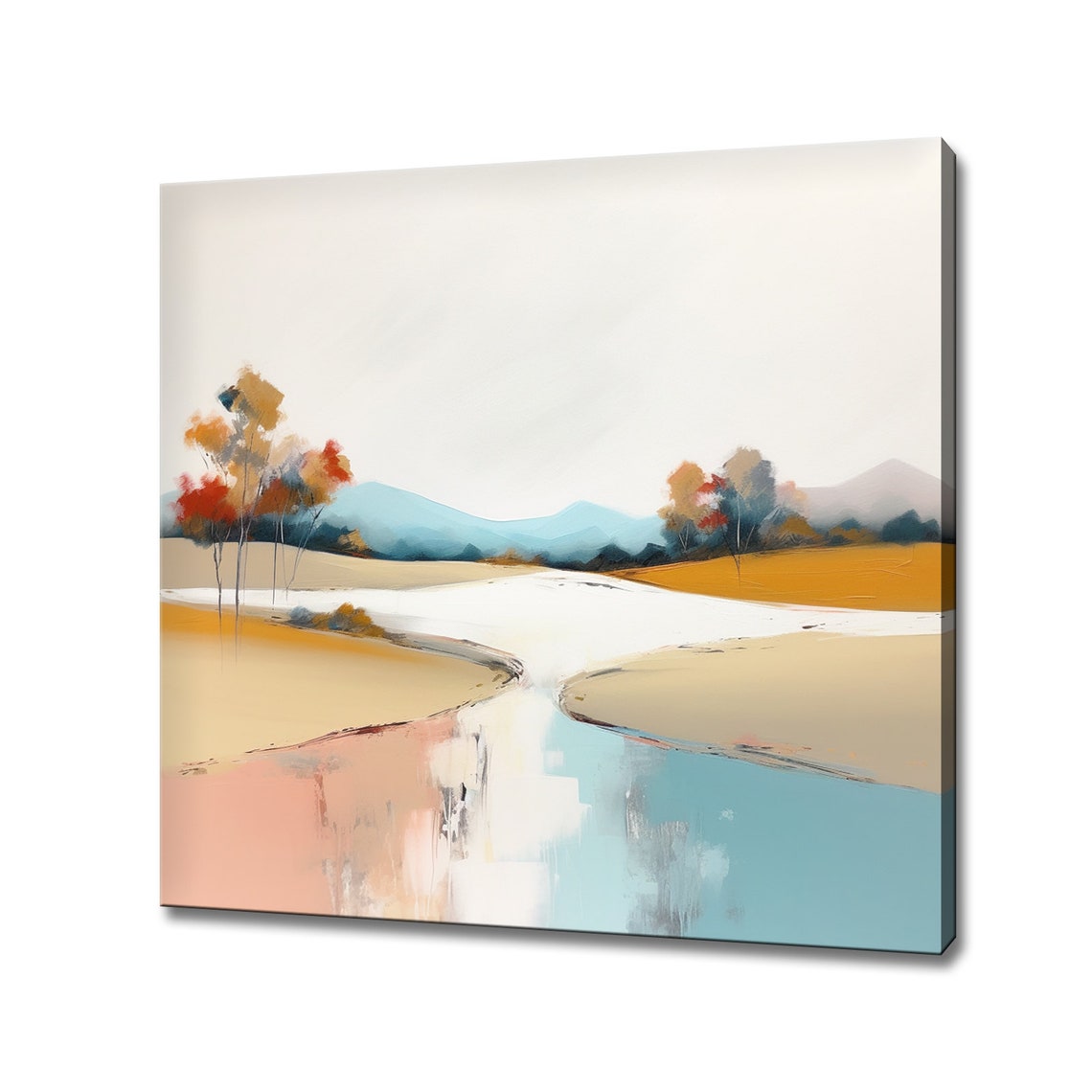 Abstract Minimalist River Landscape Beige Orange Blue Art Poster