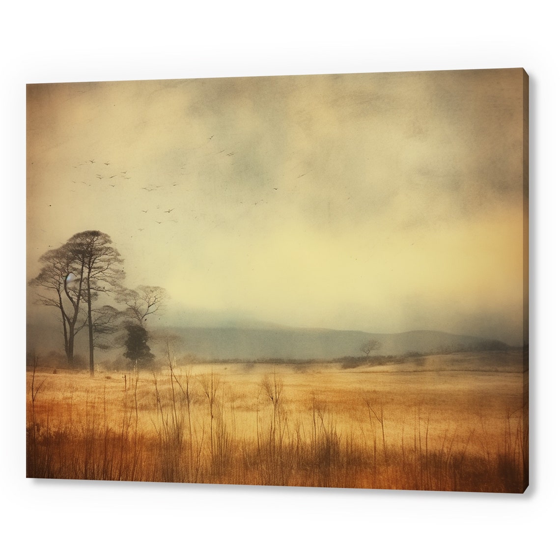 Sepia Autumn Meadow Bare Trees Birds Misty Vintage Landscape Art Print