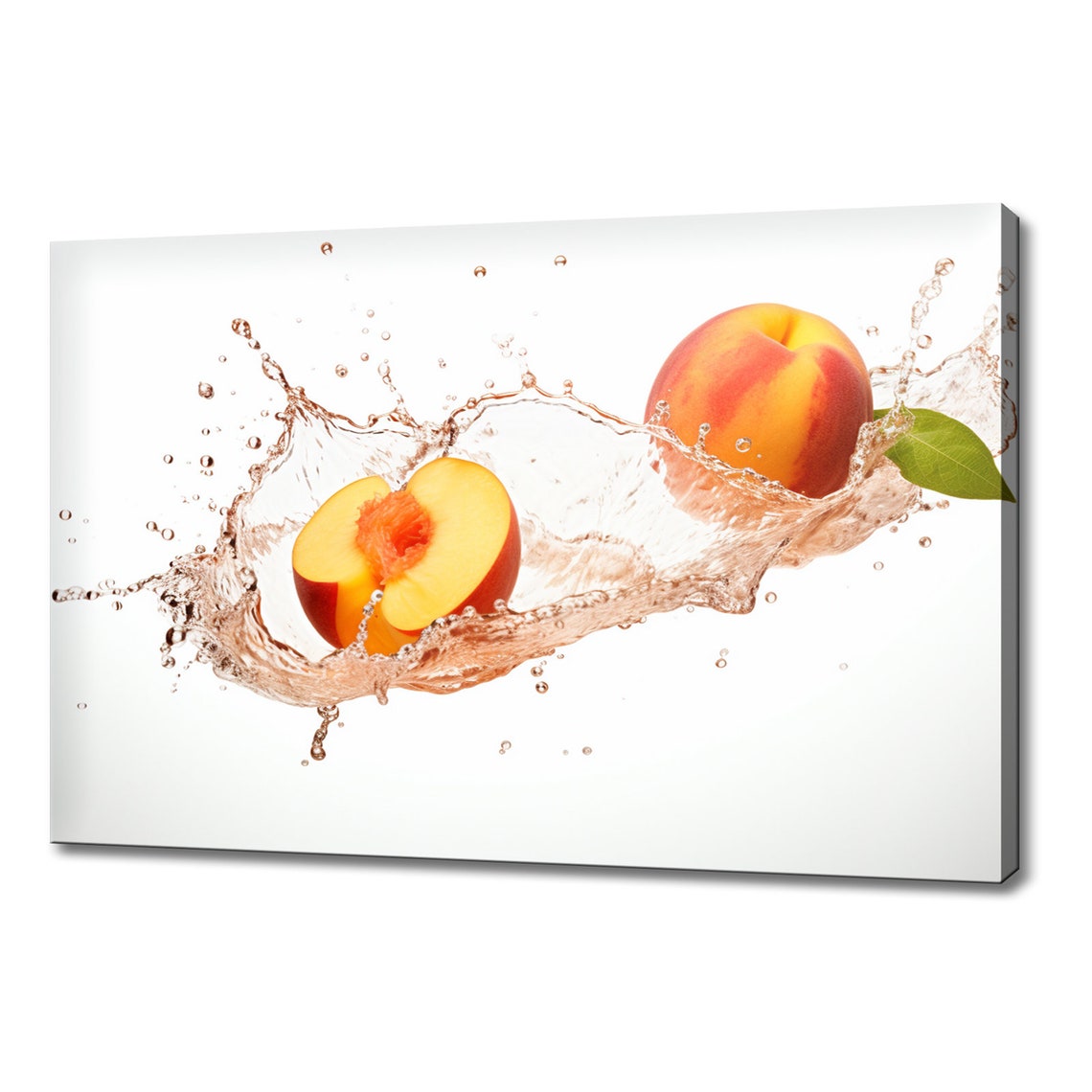 Peach Halves Splashing Into Water Fresh Juicy Fruit Poster Print