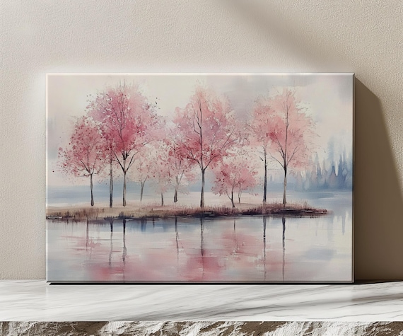 Pink Trees By The Lake Vintage Oil Painting Print Rustic Landscape Art Living Room Wall Art Farmhouse Decor Wall Art