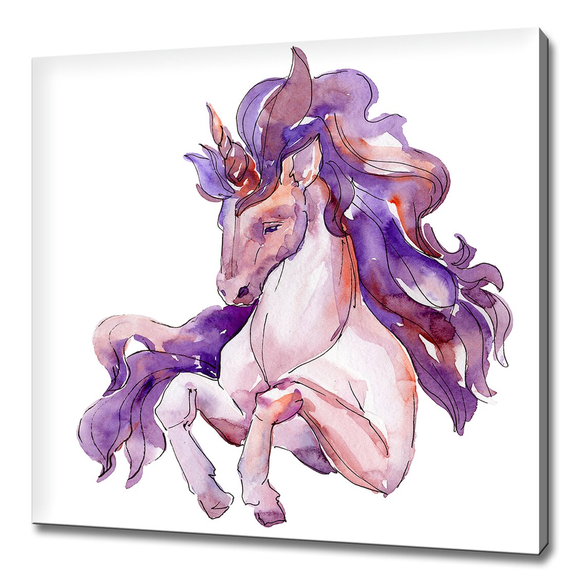 Prancing Watercolour Unicorn Flowing Purple Mane Tail White Background Poster