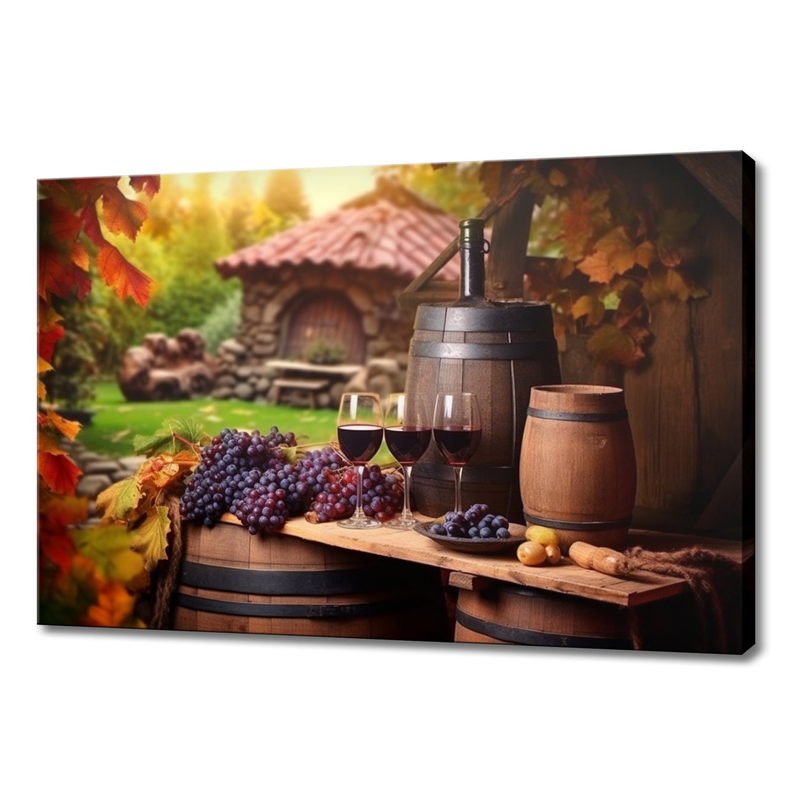 Red Wine Glasses Oak Barrels Grapes Tuscan Vineyard Decor Poster
