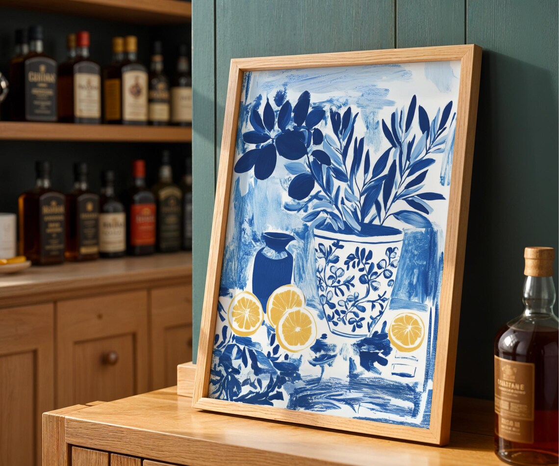 Blue Chinoiserie Lemon Slices Delft Botanical Still Life Art Poster