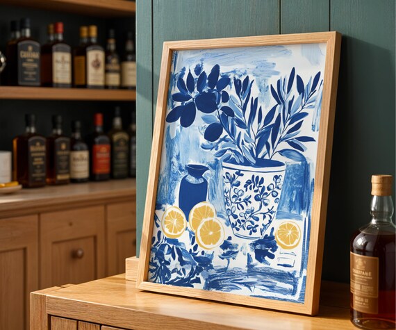 Blue Chinoiserie Lemon Slices Delft Botanical Still Life Art Poster