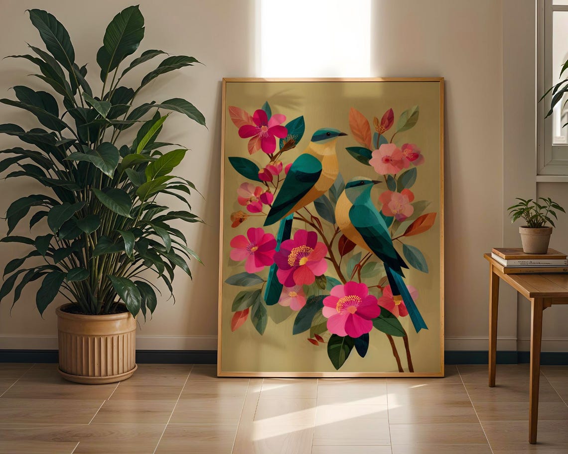 Two Colorful Birds Blossom Branch Botanical Floral Art Poster