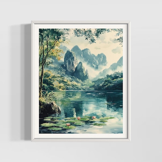 Misty Karst Mountains Lily Pond Watercolor Serene Asian Landscape Poster