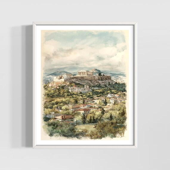 Athens Greece Watercolor Acropolis Parthenon Ancient Cityscape View Poster