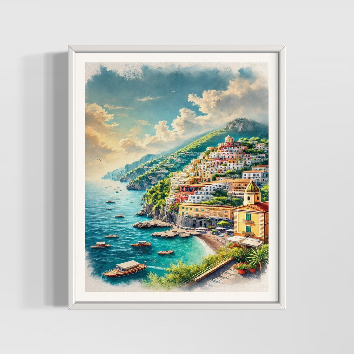 Positano Amalfi Coast Colorful Cliffside Watercolor Travel Poster