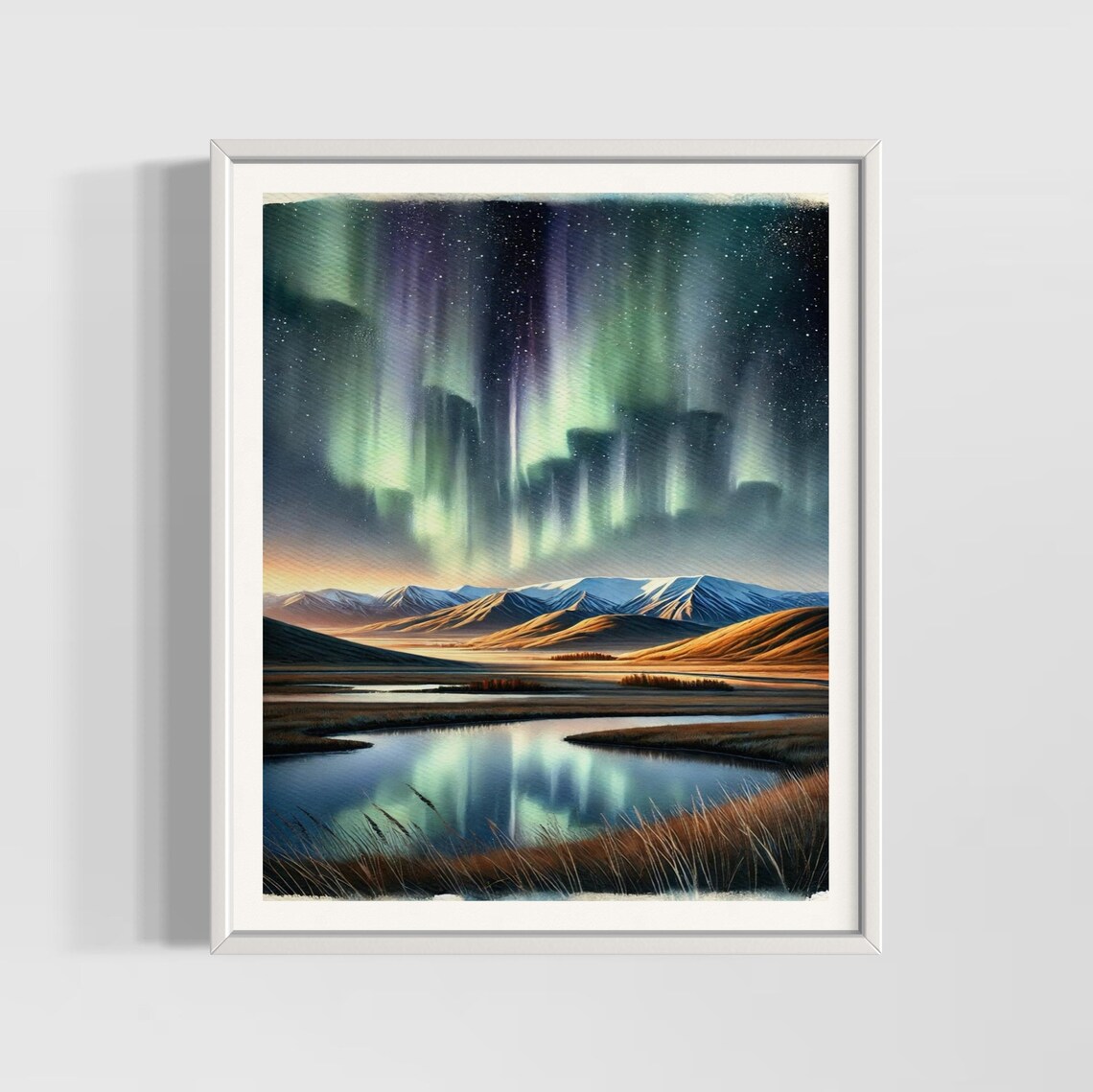 Northern Lights Watercolor Art Print, Iceland Landscape