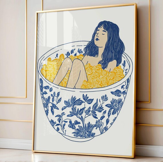 Woman In Bowl Of Cereal Print Vintage Blue Wall Art Illustration Kitchen