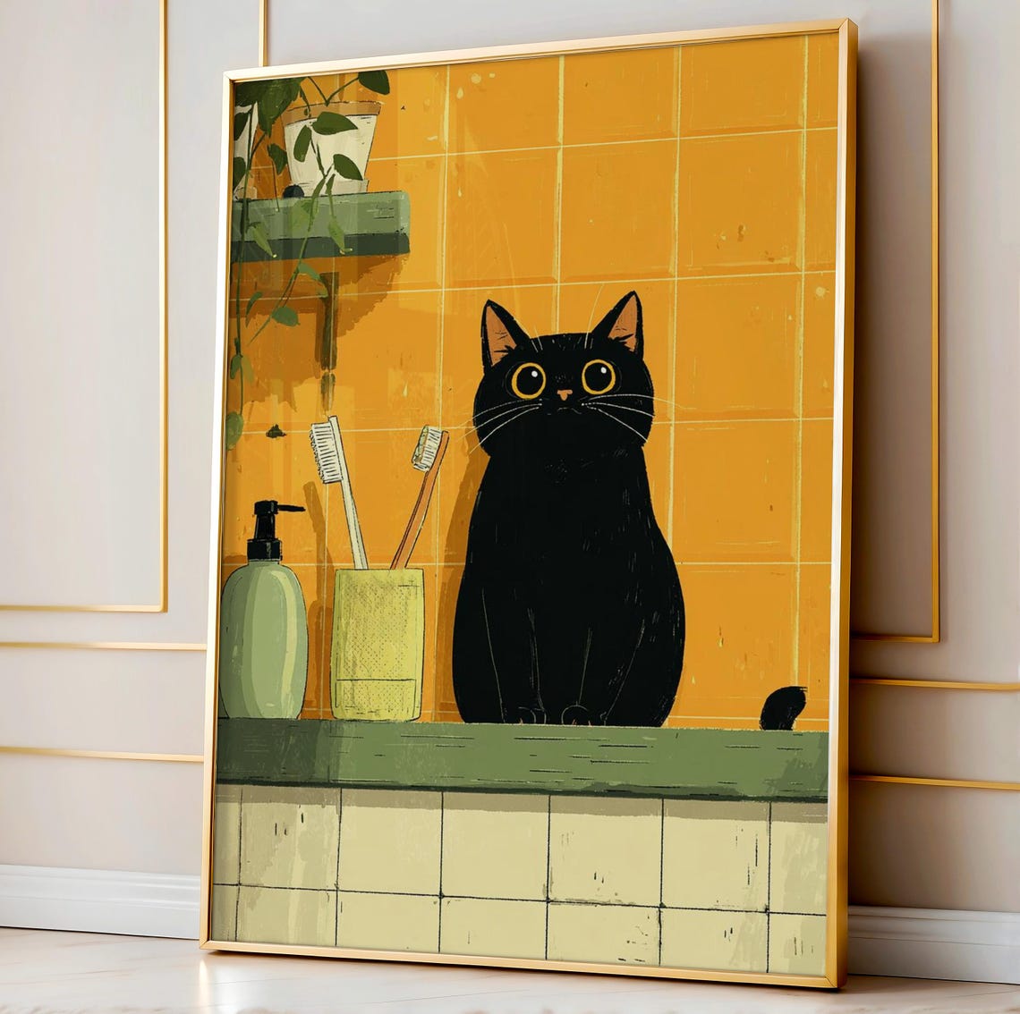 Funny Cat Knocking Over Art Black Bathroom Wall Print Playful Feline Decor Quirky Poster Whimsical Kitty