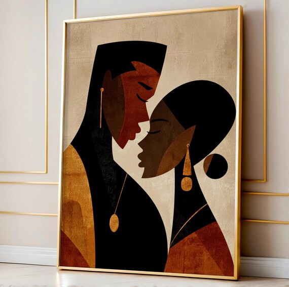 Black Couple Profile Art Love Abstract Illustration African Wall Print Modern Romantic Decor