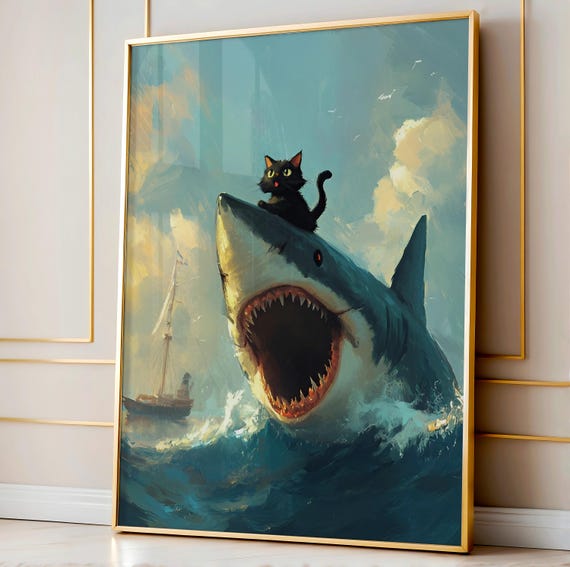 Cat Riding A Wall Art Funny Poster Victorian Painting Altered Eclectic Print Kitchen Bathroom Decor