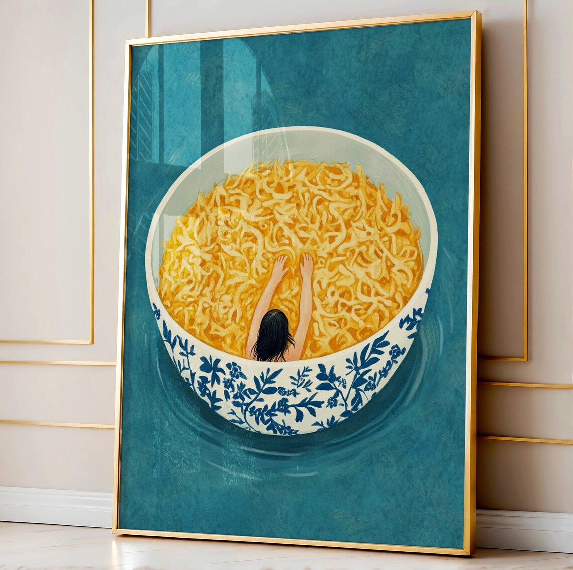 Surreal Woman Swimming in Giant Ramen Bowl Vintage Blue Kitchen Poster