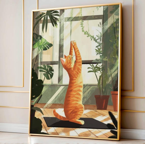 Yoga Cat Print Stretching Wall Art Meditating Illustration Zen Poster Relaxing Animal Mindful Decor
