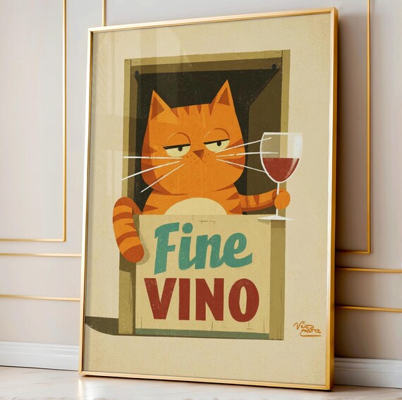 Fine Vino Orange Tabby Cat Vintage Italian Wine Bar Art Poster