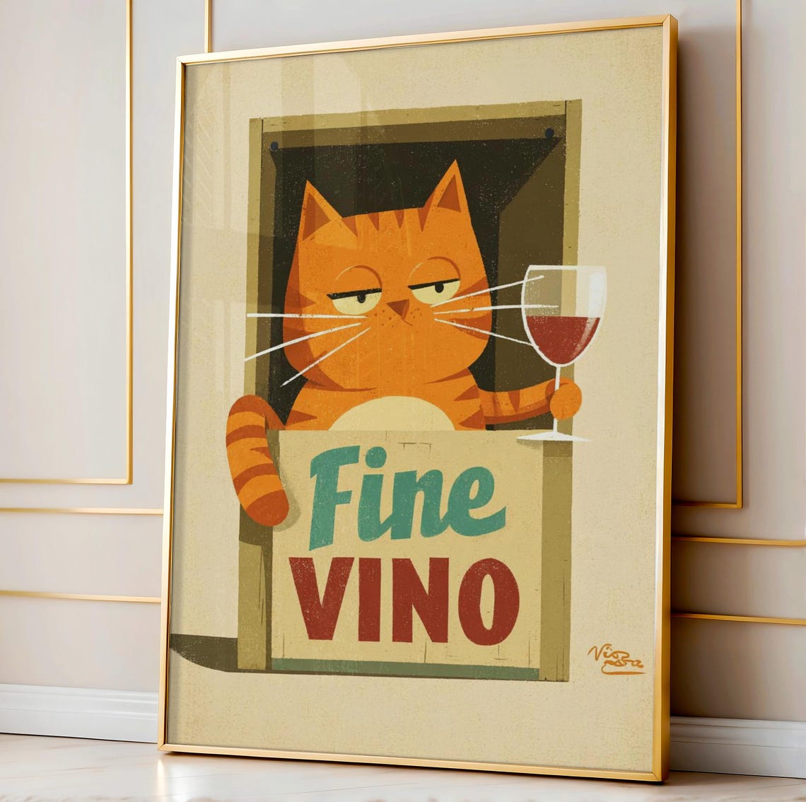 Fine Vino Orange Tabby Cat Vintage Italian Wine Bar Art Poster