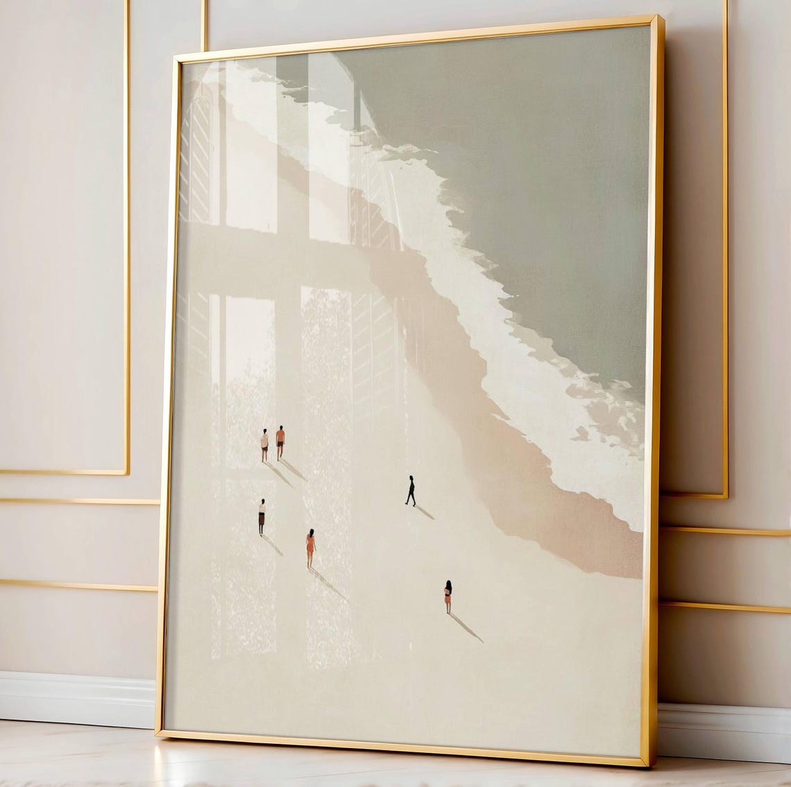 Minimalist Aerial Beach Scene With Tiny Walkers Coastal Art Poster