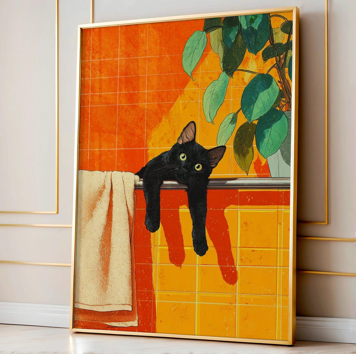 Black Cat Draped Over Towel Rack Funny Bathroom Kitty Poster