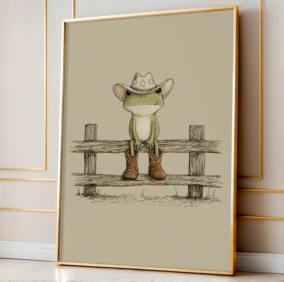 Cowboy Frog on Wooden Fence Western Boots Whimsical Animal Poster