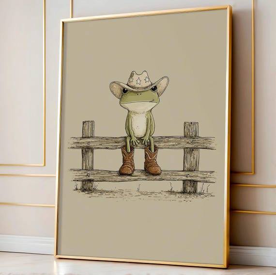 Frog Fence Cowboy Wall Art Cute Animal Illustration For Kids Room Nursery Decor Whimsical Western