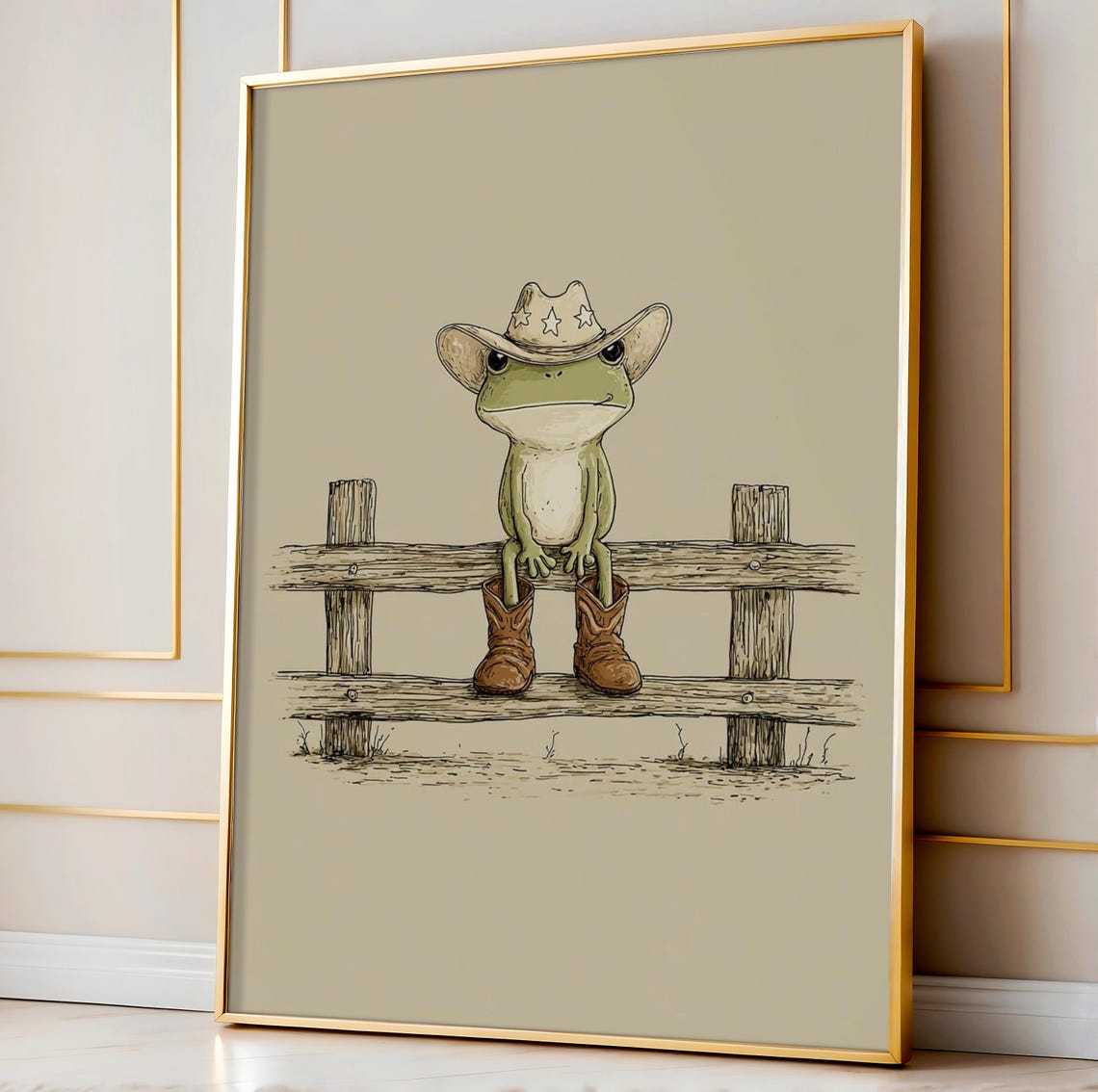 Cowboy Frog on Wooden Fence Western Boots Whimsical Animal Poster