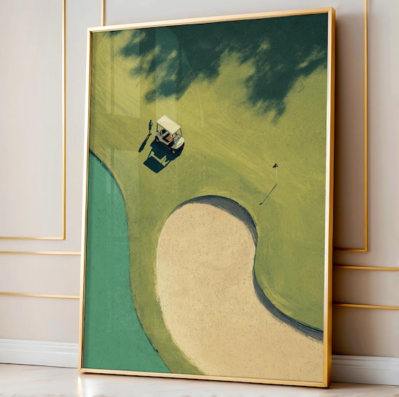 Golf Cart Scene Aerial Course Tiny Golfer Vintage Art Poster