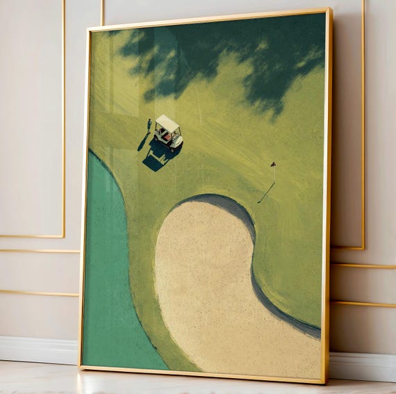 Golf Cart Scene Art Print Minimalist Aerial Course Poster Tiny Golfer And Bunker Vintage Wall Illustration