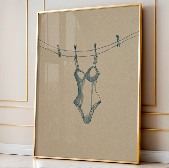 Retro Blue One Piece Swimsuit On Clothesline Line Art Poster