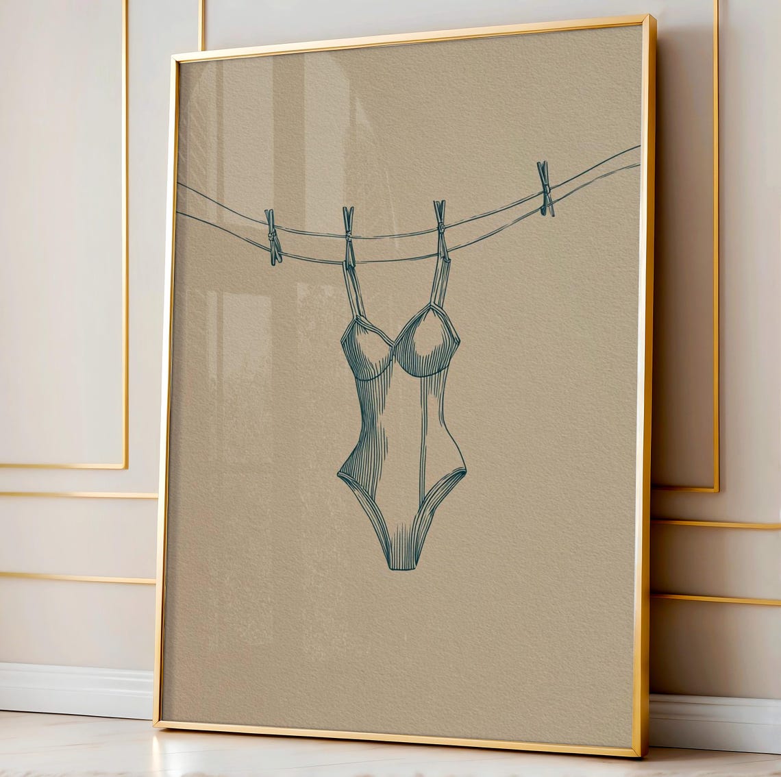 Retro Blue One Piece Swimsuit On Clothesline Line Art Poster