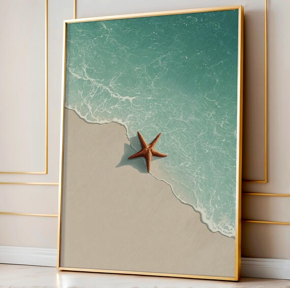 Minimalist Starfish Sea Print Serene Ocean Wall Art Coastal Summer Beach Poster Pale Green Water Home Decor