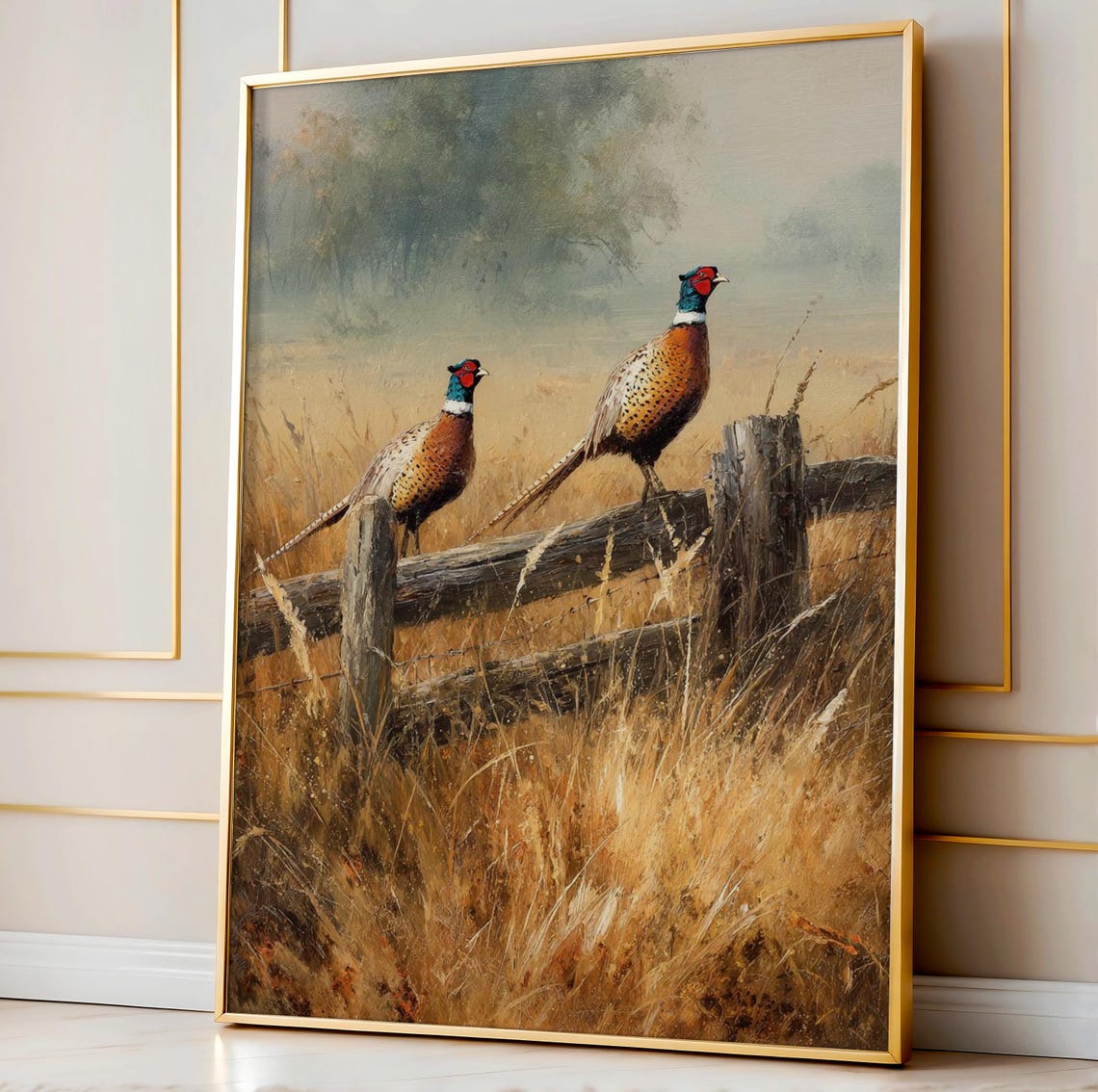 Two Ring-Necked Pheasants Perched on a Rustic Split-Rail Fence Poster