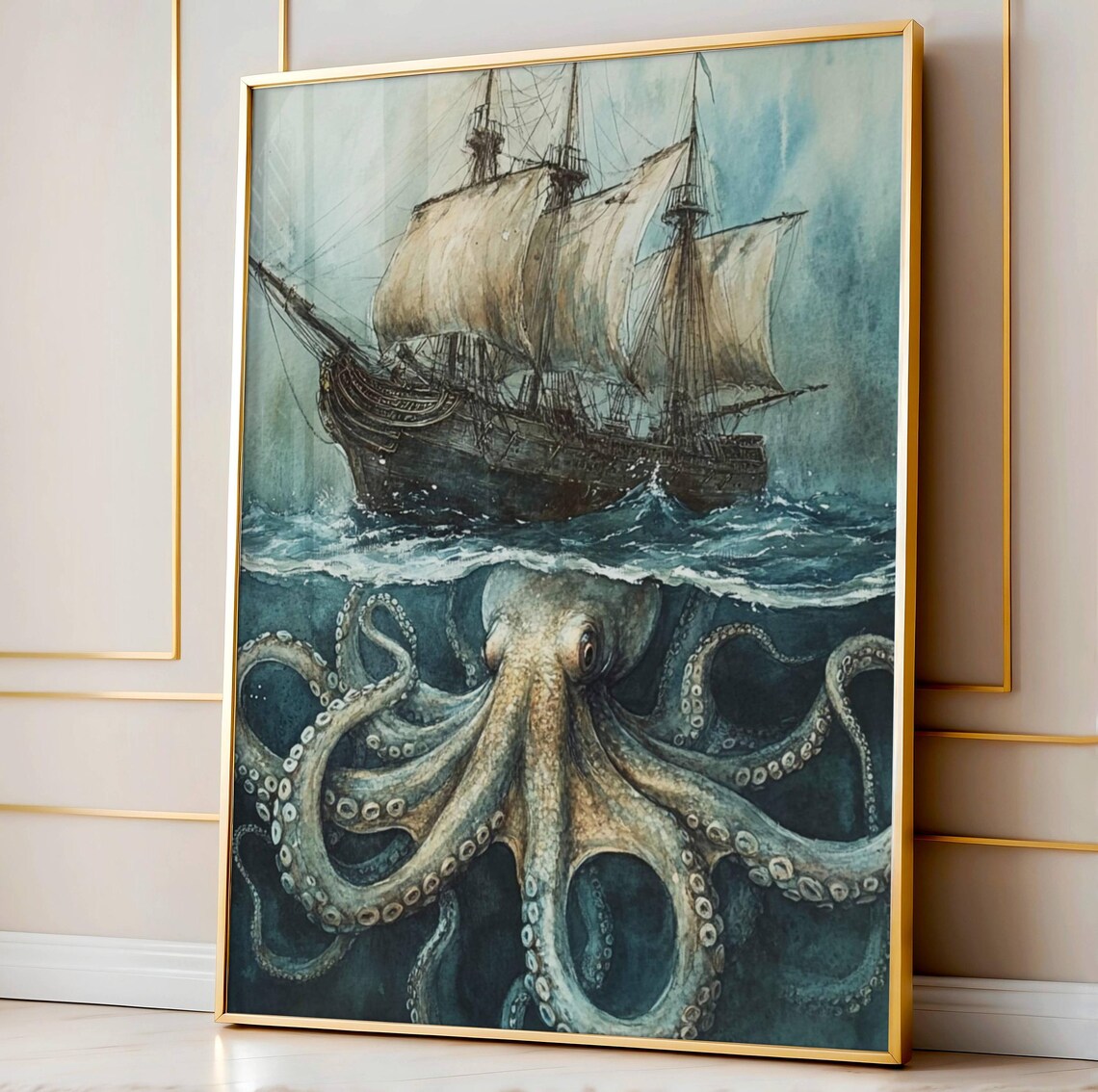 Vintage Ship Octopus Ocean Art Print, Retro Maritime