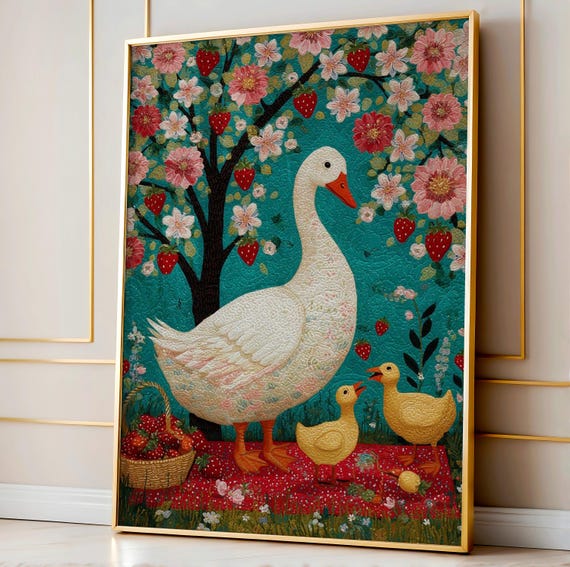 Goose Picnic With Goslings Whimsical Folk Art Print For Nursery Baby Animal Wall Decor