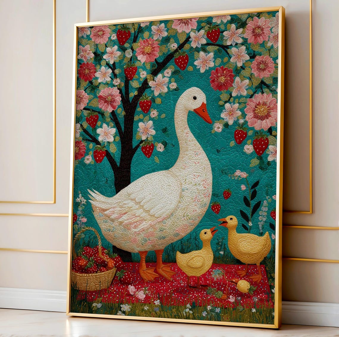 White Goose Goslings Strawberry Tree Folk Art Nursery Poster