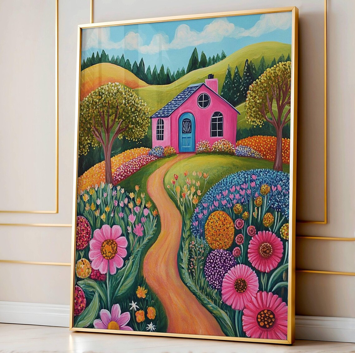 Flower Garden Patchwork Illustration Bright Colorful Summer Wall Art Botanical Floral Scenery Drawing Design