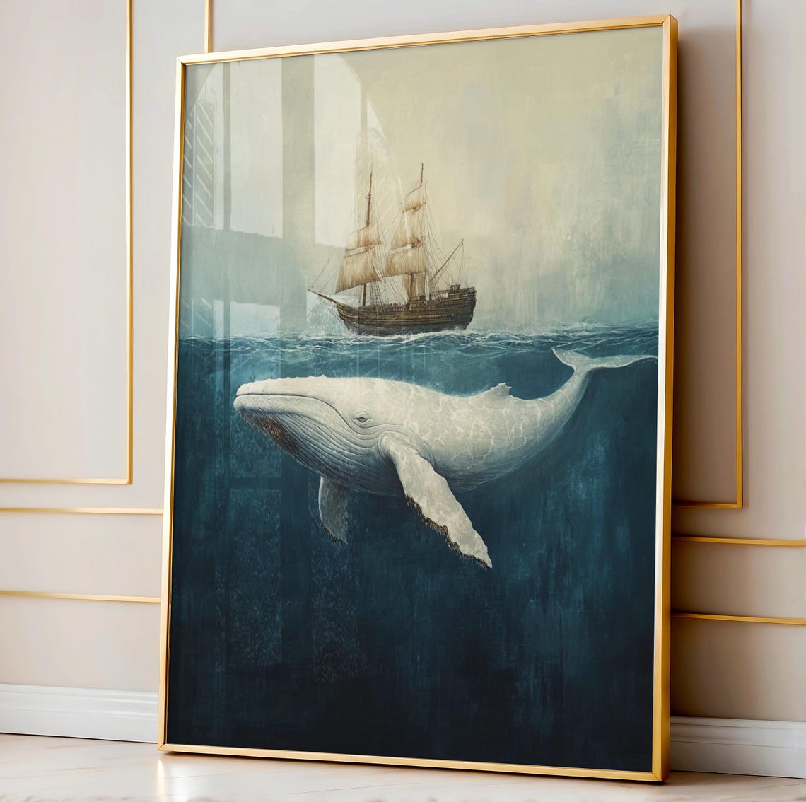 White Whale And Tall Ship Vintage Nautical Ocean Painting Print