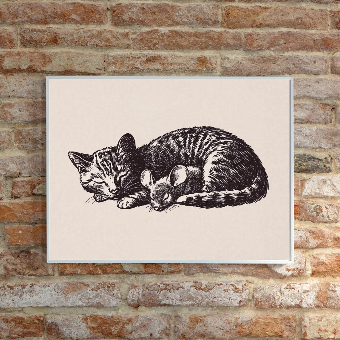 Sleeping Cat And Mouse Antique Ink Sketch Minimalist Bedroom Poster - Image 3