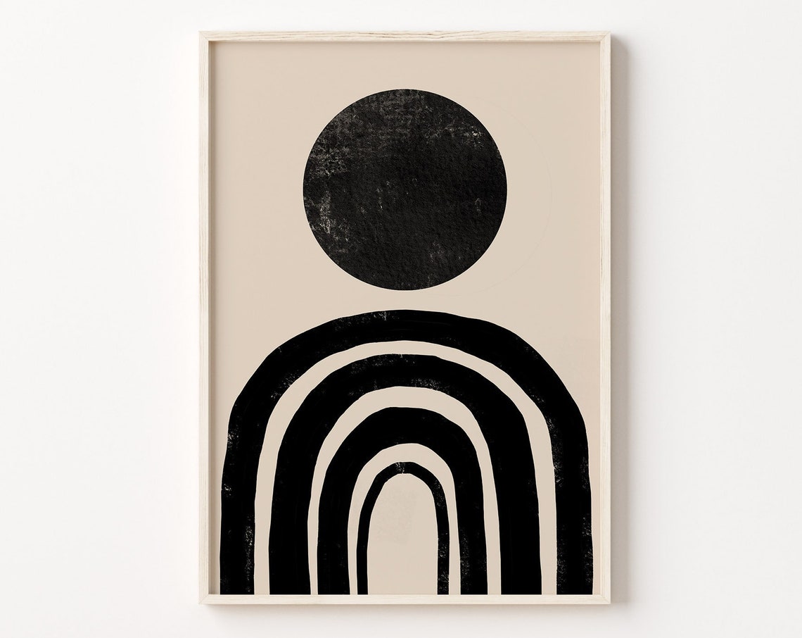 Black Sun Over Layered Rainbow Arches Beige Boho Minimalist Poster
